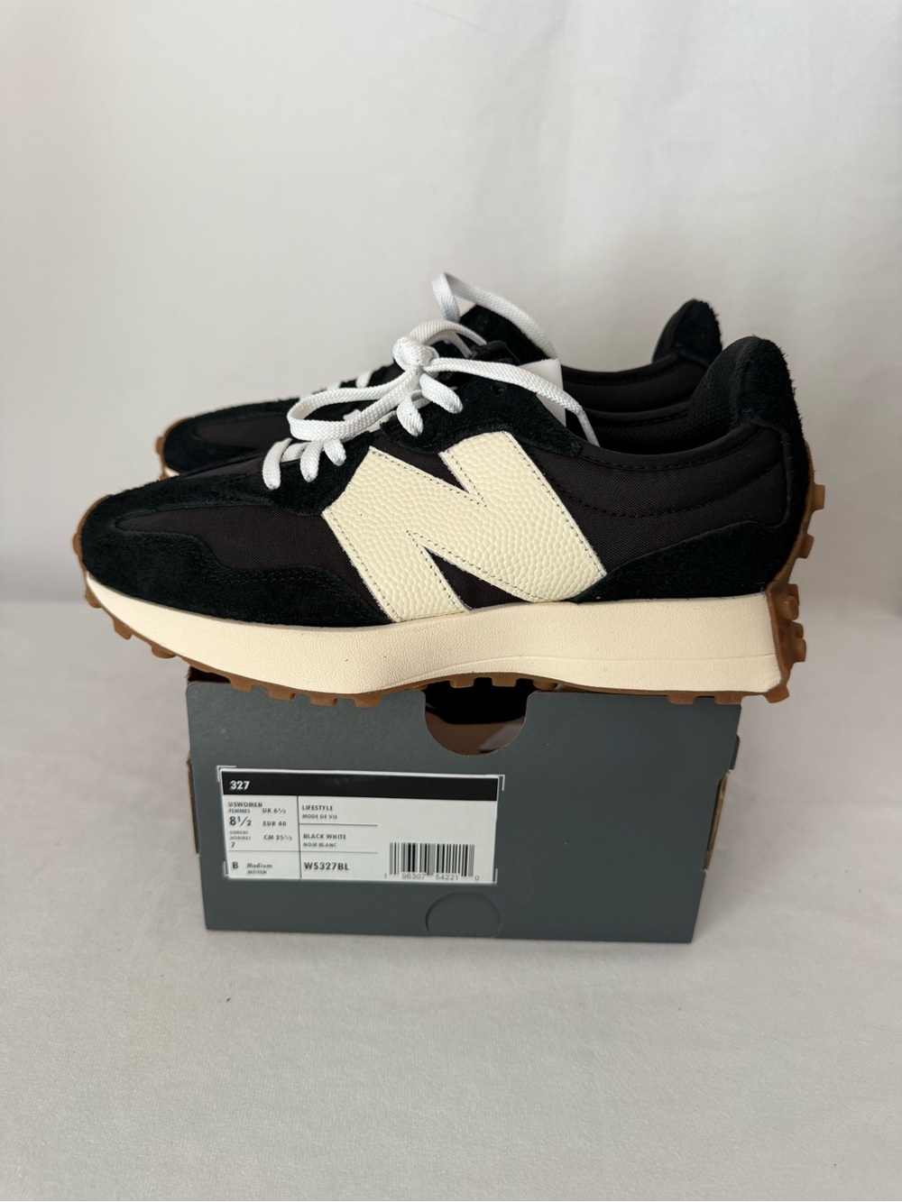 Womens New Balance 327 Black with white and mineral red Shoes